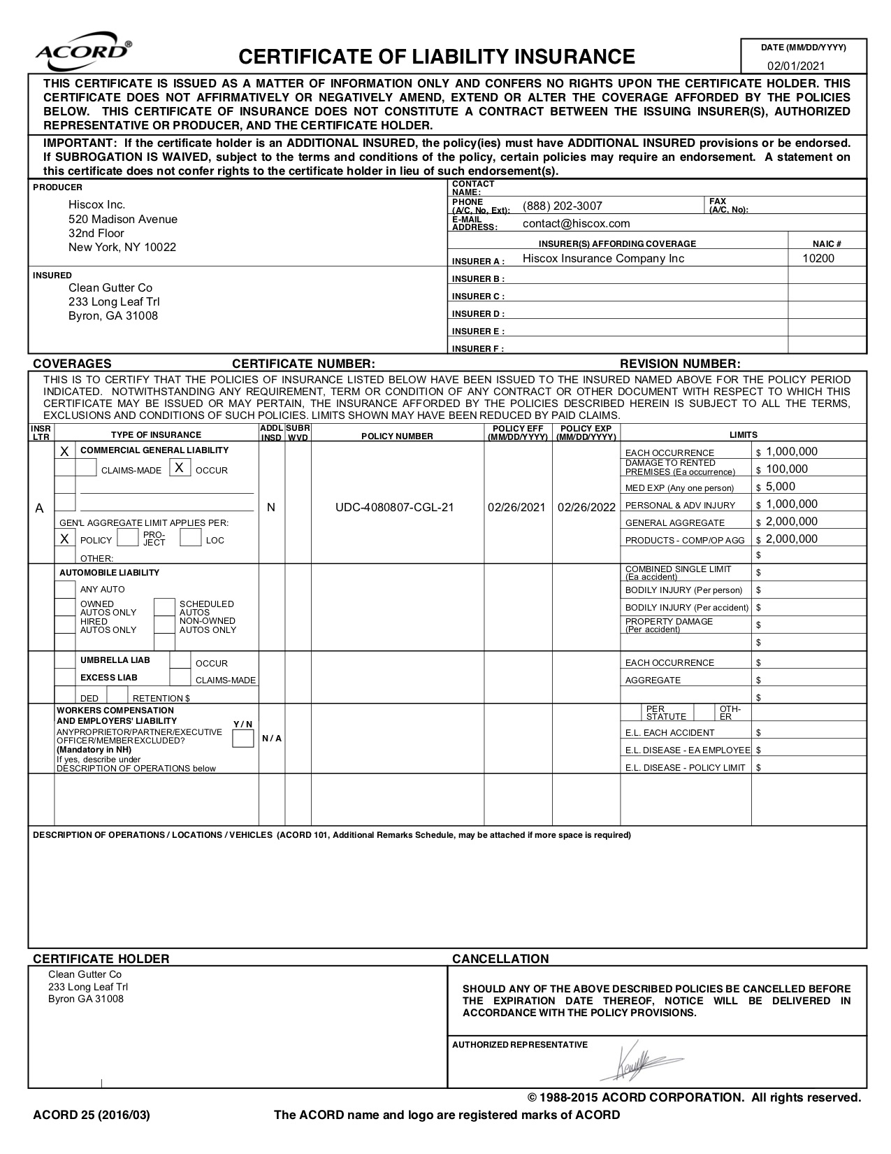 proof of general liability business policy